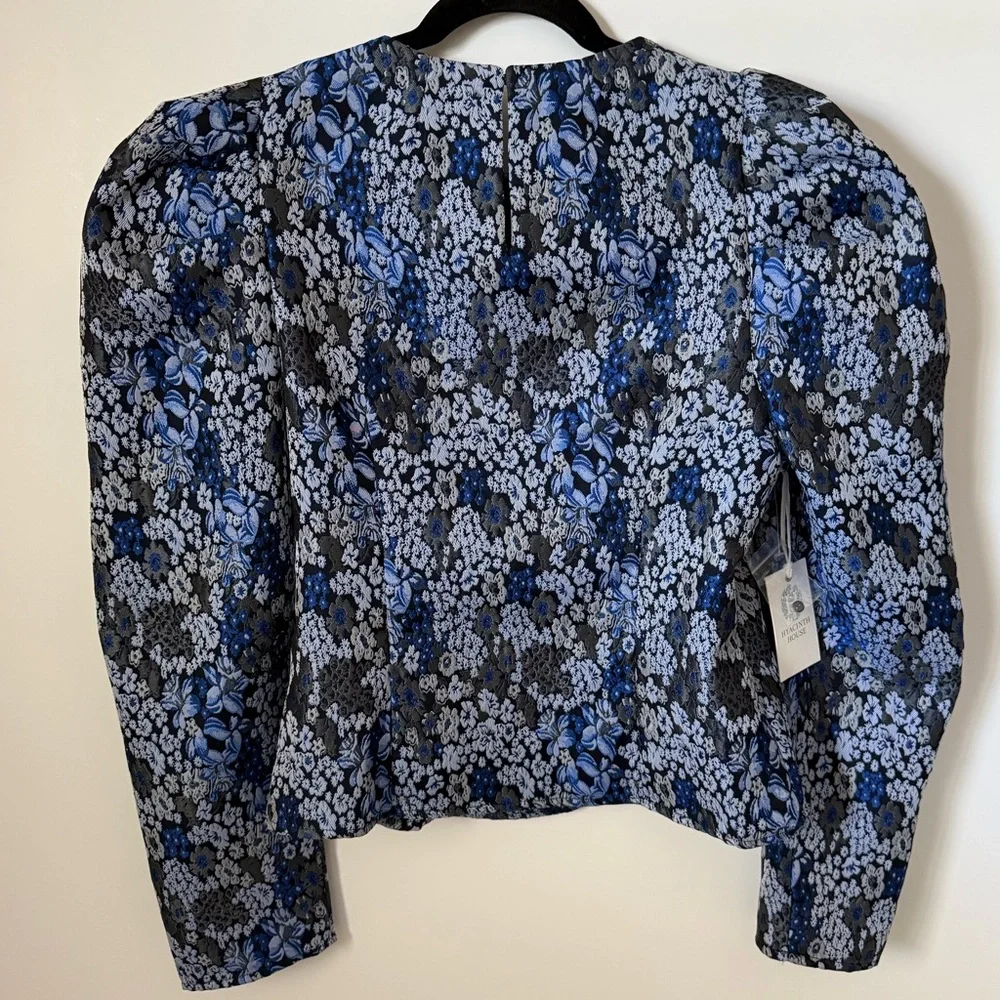 NWT Hyacinth House Blue Jacquard Priscilla Floral Puff Sleeve Blouse Size Large
